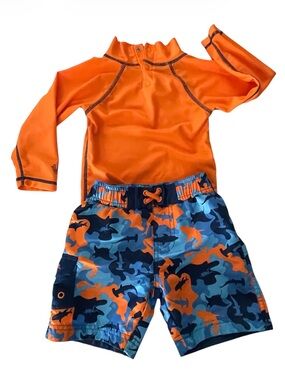 UVSkinz Orange Rash Guard Set with Blue & Orange Shark Camo Swim Trunks
